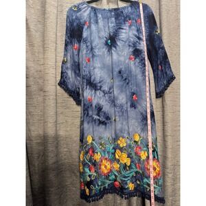 Caleoor Tie Dye Embroidered Floral Dress Pom Trim Bohemian‎ Festival Mini Size L